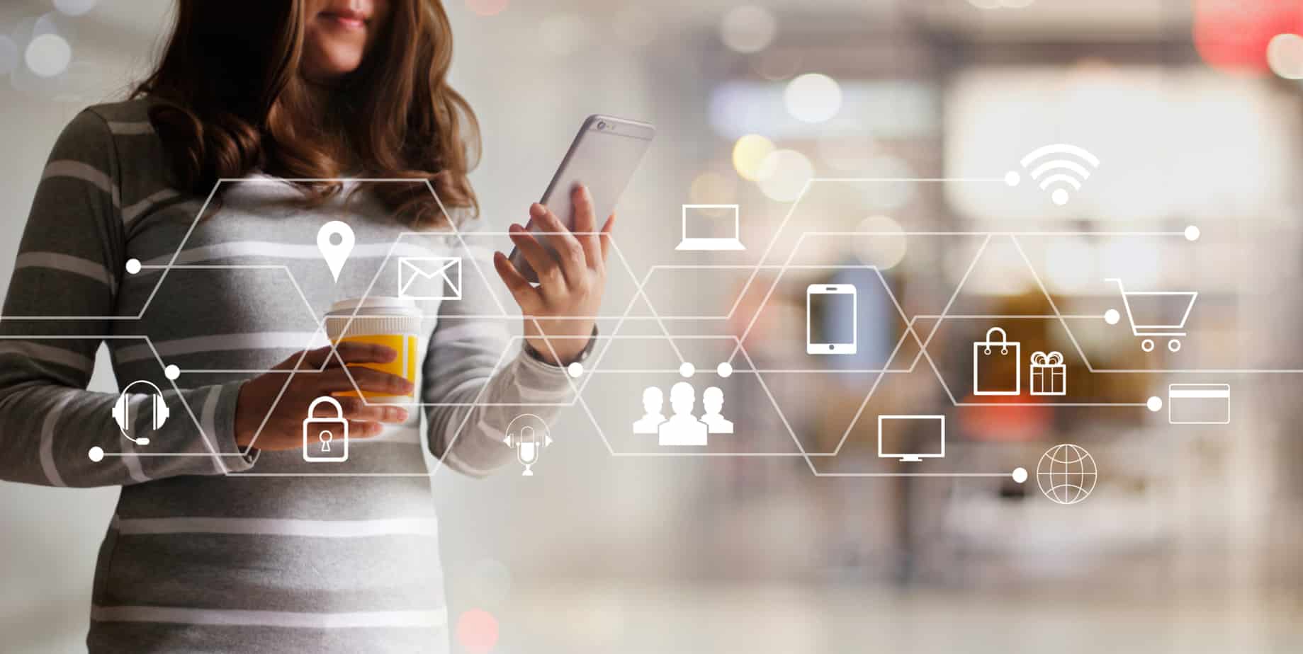 woman using mobile payments online shopping and icon customer network connection digital marketing m banking and omni channel 124448929