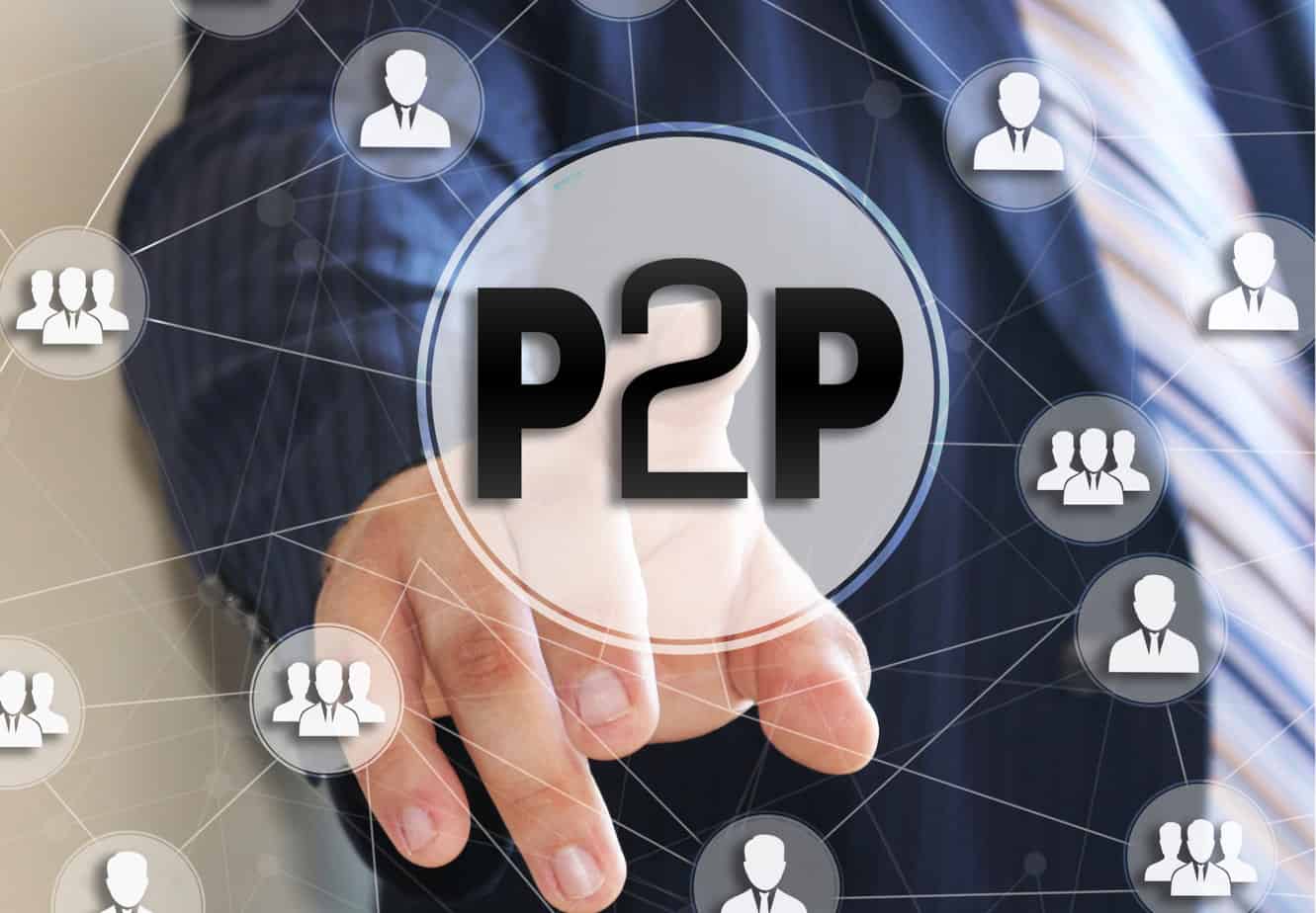 the businessman chooses the p2p peer to peer on a touch screen peer to peer lending concept 150255206