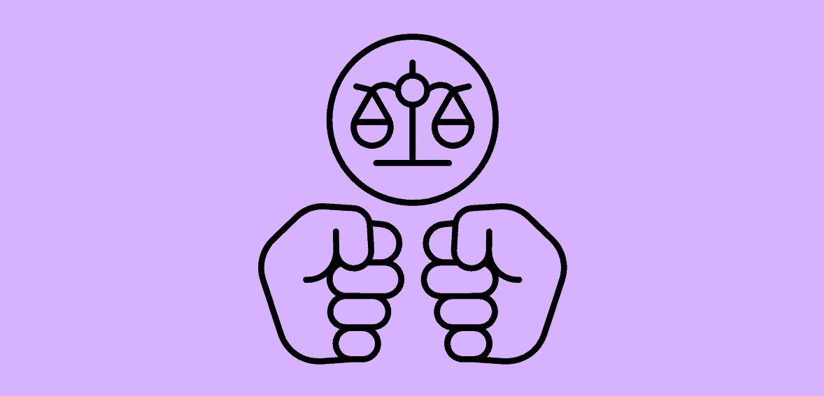 Balance scale with legal scales icon on purple background, representing legal and financial services.