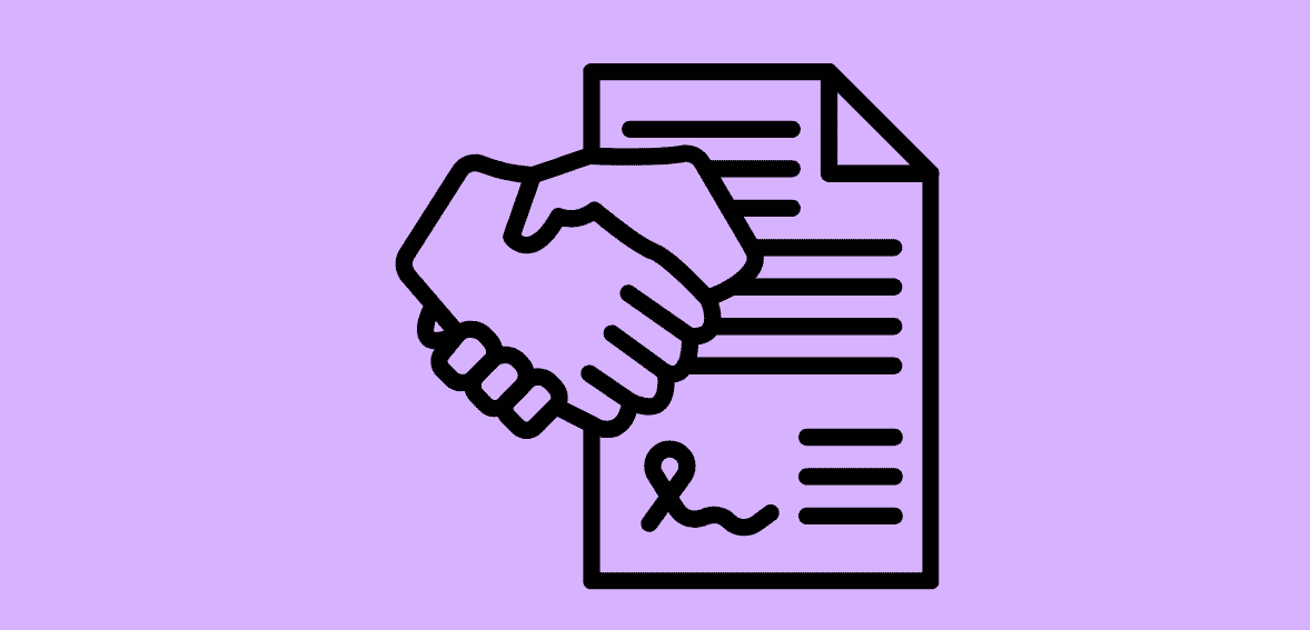 Handshake over a contract icon on purple background.