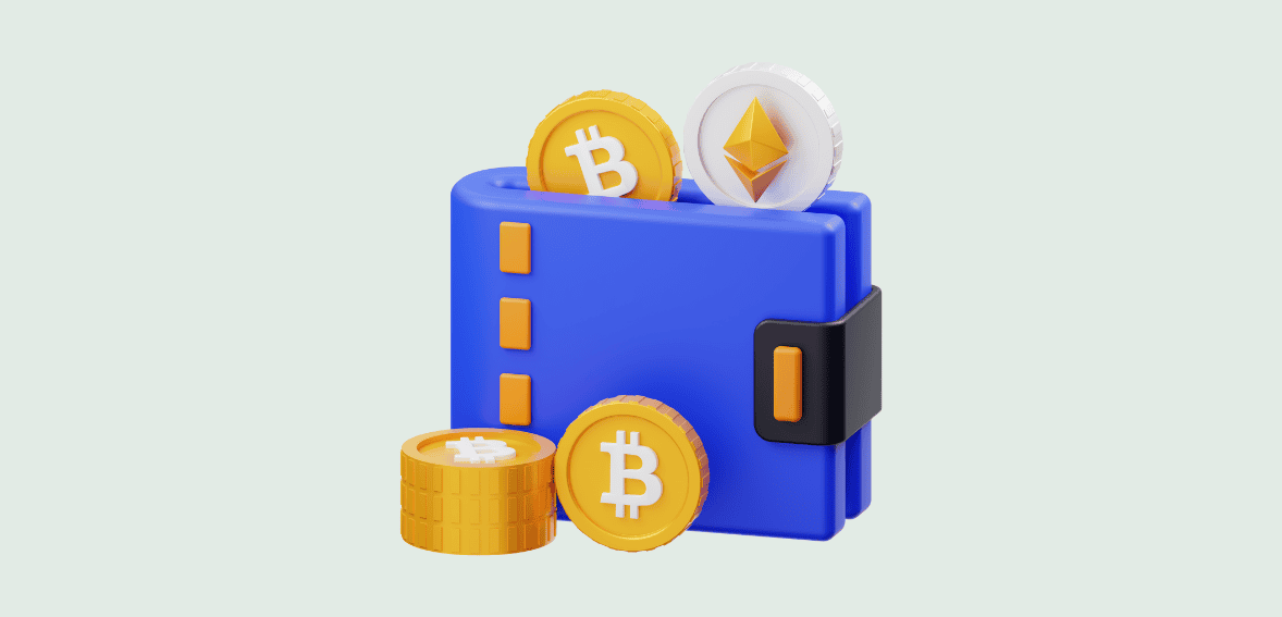 Digital currency wallet with Bitcoin and Ethereum coins for crypto payment solutions.