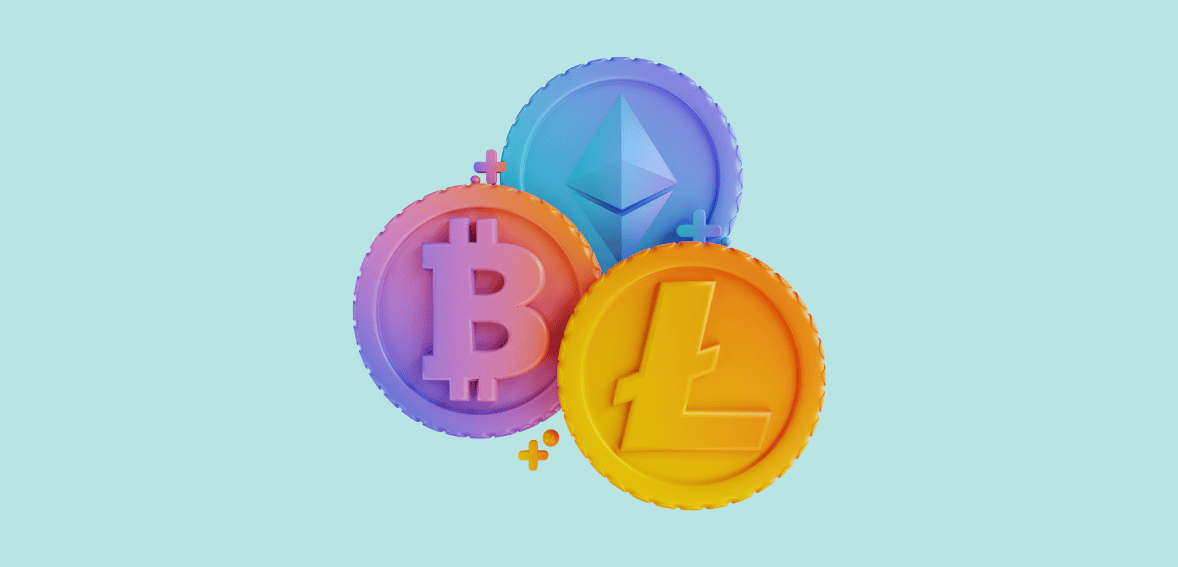 Cryptocurrency coins Bitcoin, Ethereum, Litecoin for Host Merchant Services digital payment solutions.