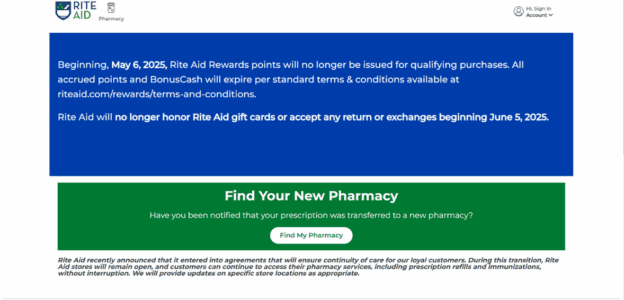 Rite Aid rewards program update, no longer issuing Points or BonusCash.