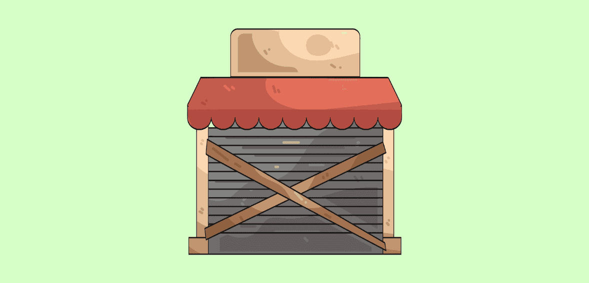 Closed storefront shutter with awning, representing business or retail store.