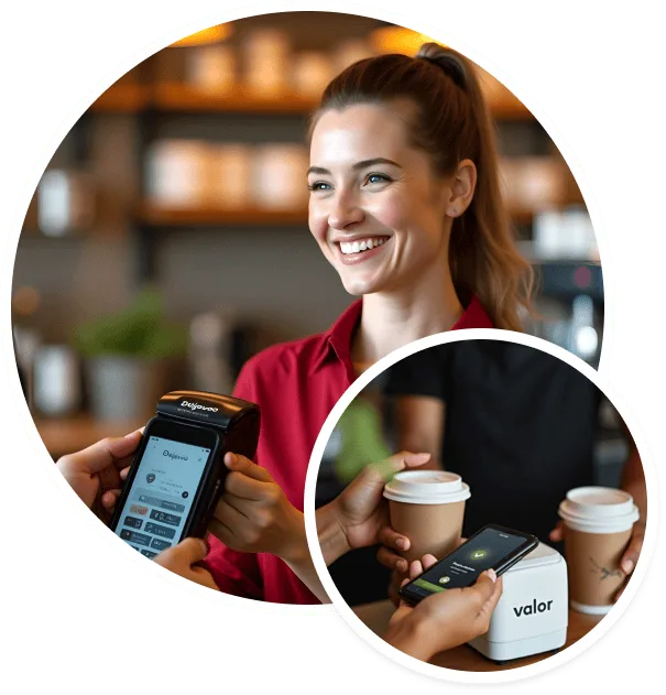 Customer using mobile payment terminal at coffee shop for seamless payment processing.