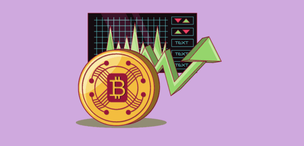 Digital currency Bitcoin with growth chart, stock market arrows, and trading data.
