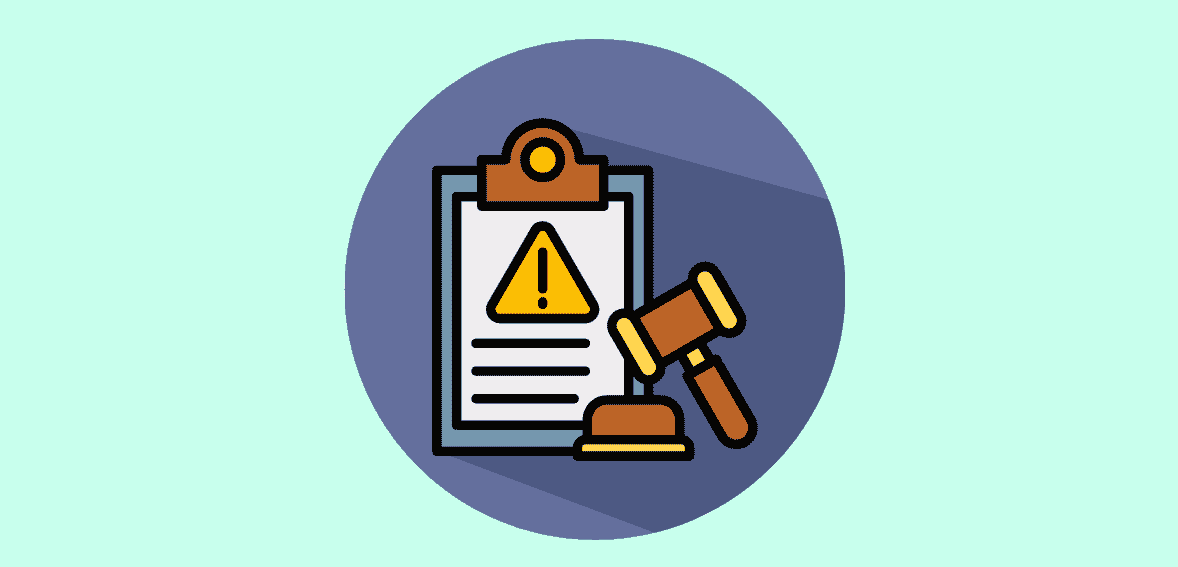Warning alert icon with gavel and legal document for merchant compliance.