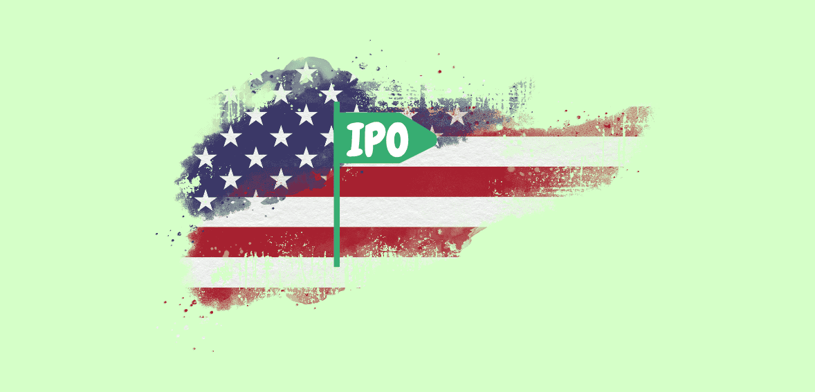 IPO process illustration with American flag background and green IPO sign, symbolizing U.S. stock market offerings.