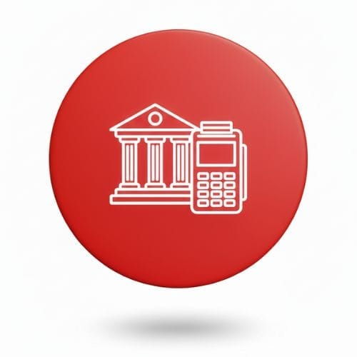 ATM and banking icon with bank building and card reader, representing financial services.