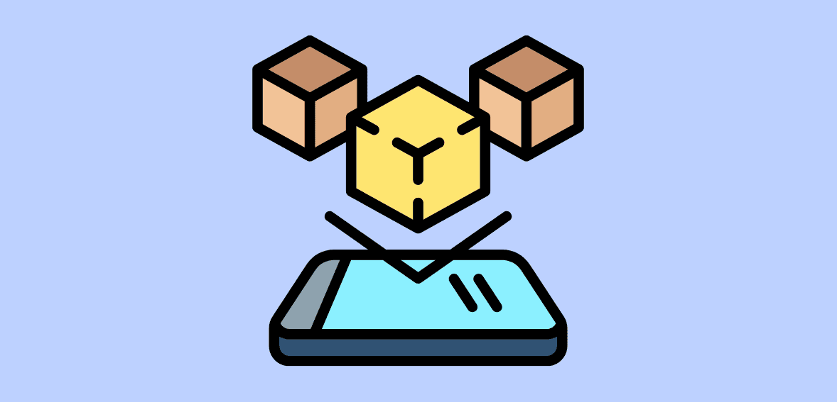 Smartphone with blockchain cubes representing payment processing and secure transactions.