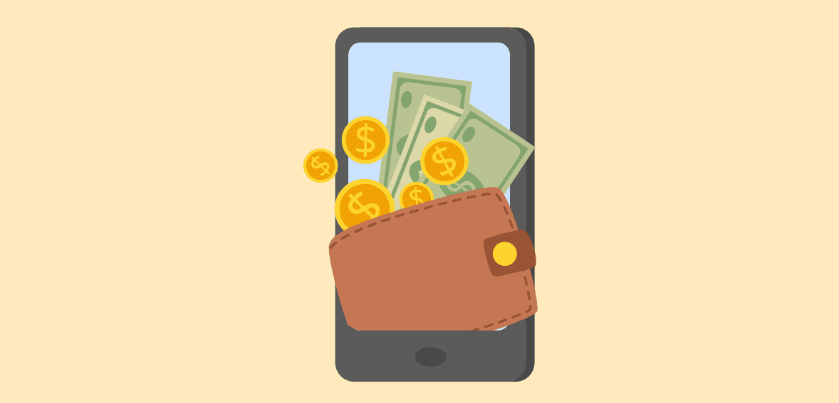 Mobile payment with digital wallet and cash icons, e-commerce, online banking, financial transaction, Host Merchant Services.