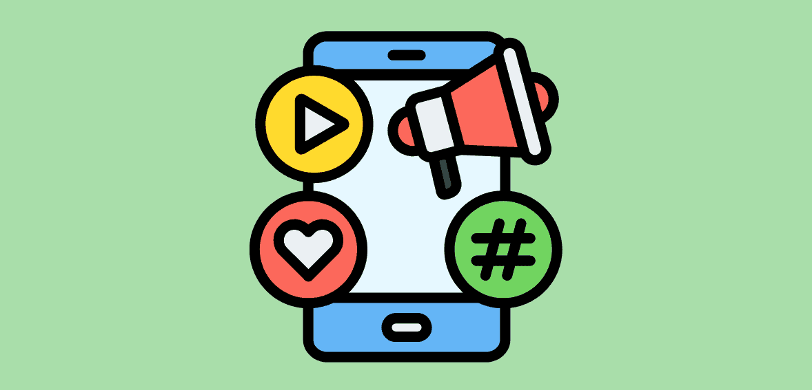 Mobile device with social media icons and digital marketing symbols for Host Merchant Services SEO.