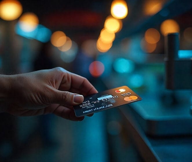 Contactless payment with credit card at modern POS terminal.