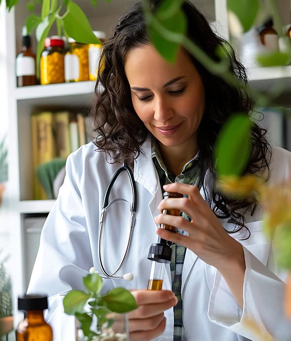 Petri dish with liquid medicine in pharmacy laboratory, female scientist with stethoscope, white coat.