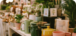 Colorful ceramic mugs and tableware display at a store.