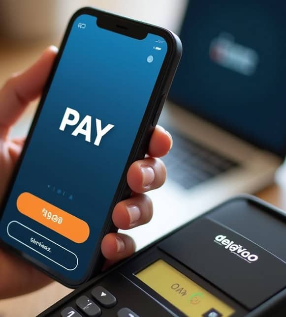 Contactless payment smartphone with digital wallet, mobile credit card processing, secure POS payment.