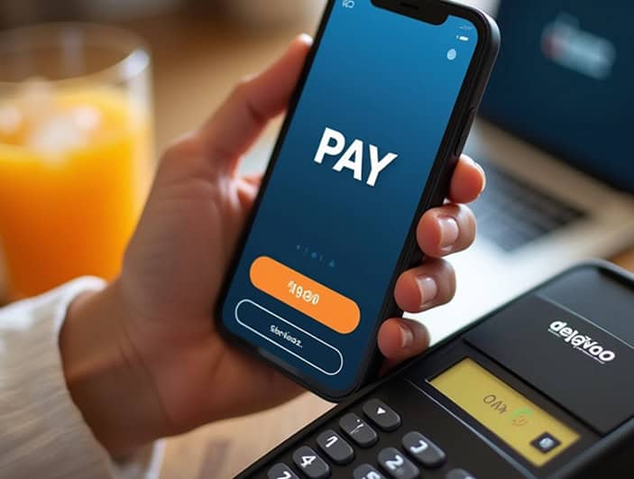 Contactless mobile payment solution on smartphone with card reader for small businesses.