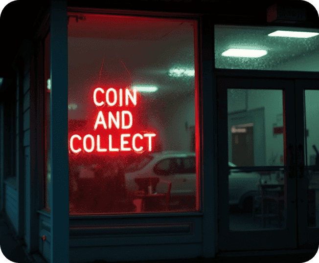 Modern coin and bill collection machine at a storefront with neon sign, featuring secure payment processing.