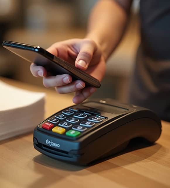 Contactless payment transaction with mobile phone and card reader, streamlining business payments.