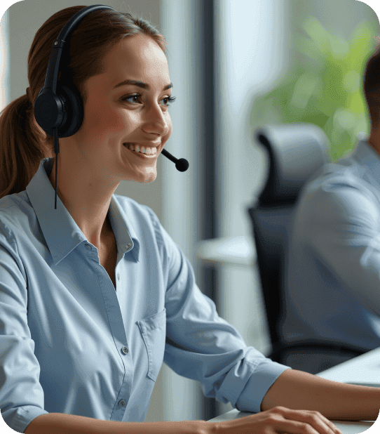 Customer service representative with headset providing payment processing support at Host Merchant Services.