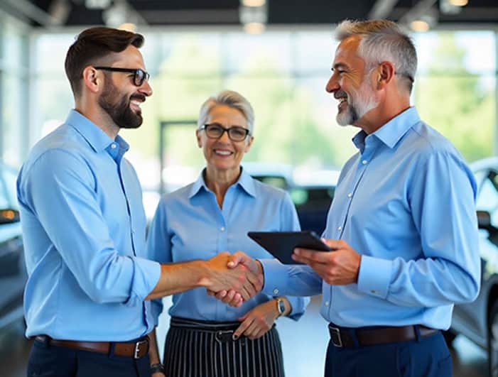 Fast-paced car dealership sales meeting with friendly professionals exchanging handshake, promoting merchant payment solutions.