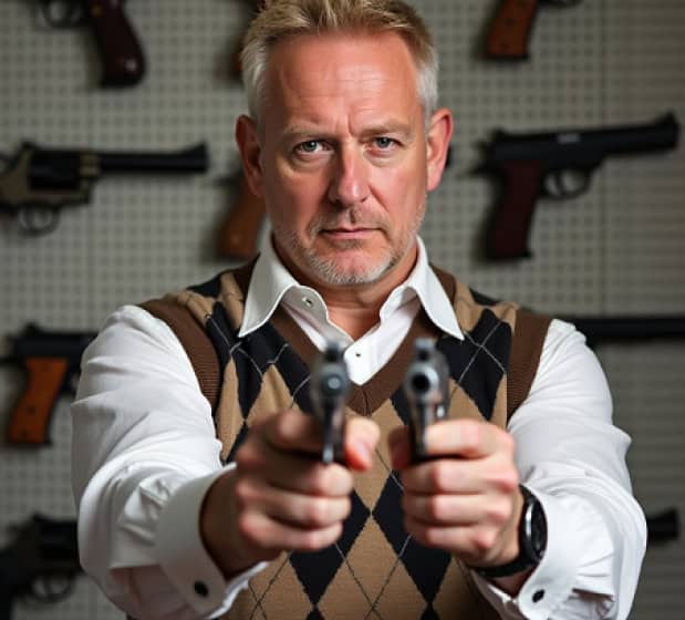 Licensed gun owner holding two pistols in a gun shop, aiming directly at the camera.