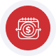 Red credit card icon with digital banking elements.