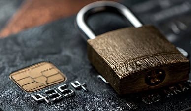 Secure credit card payment with padlock on chip card, highlighting payment security.