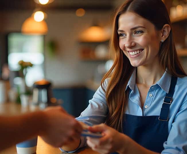 Contactless payment transaction at coffee shop by friendly staff member.