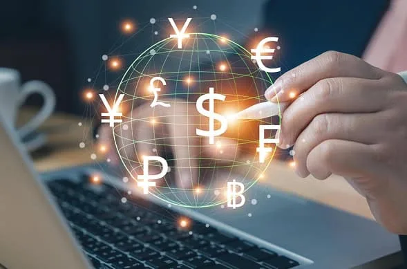 Global currency and payment processing symbols representing Host Merchant Services solutions.