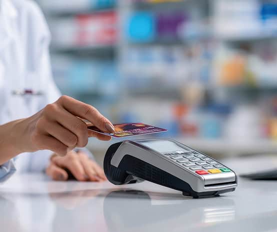 Contactless payment transaction using card reader at pharmacy or retail store.