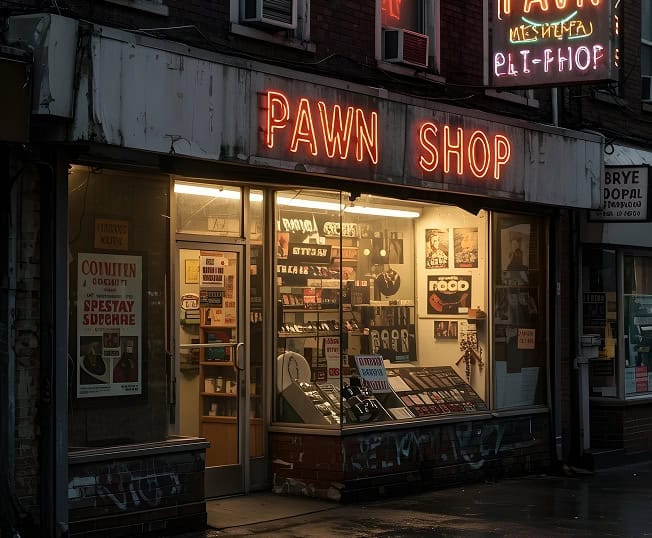 Pawn shop storefront with neon signage, digital payment options, and retail display.