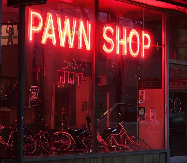 Neon pawn shop sign outside storefront with bicycles and car reflections.