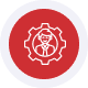 Red host merchant services icon with gear and currency symbols for payment solutions.