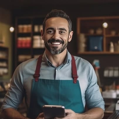 Smiling man in café wearing apron, using a smartphone for payment or order processing.