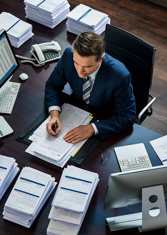 High-angle view of businessman reviewing documents at cluttered desk with papers and office equipment.