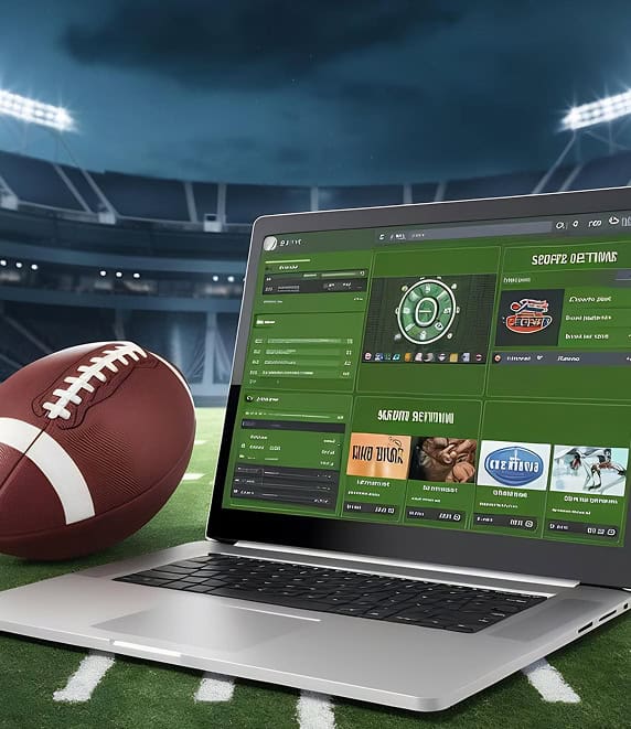 Digital sports betting platform on laptop at stadium with football.