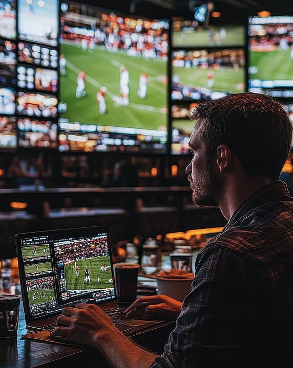 Live sports betting at a sports bar with multiple screens showing a football game.