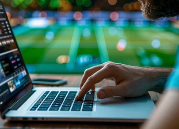 High-tech laptop with sports betting app, illuminated sports field in background, e-commerce focus.
