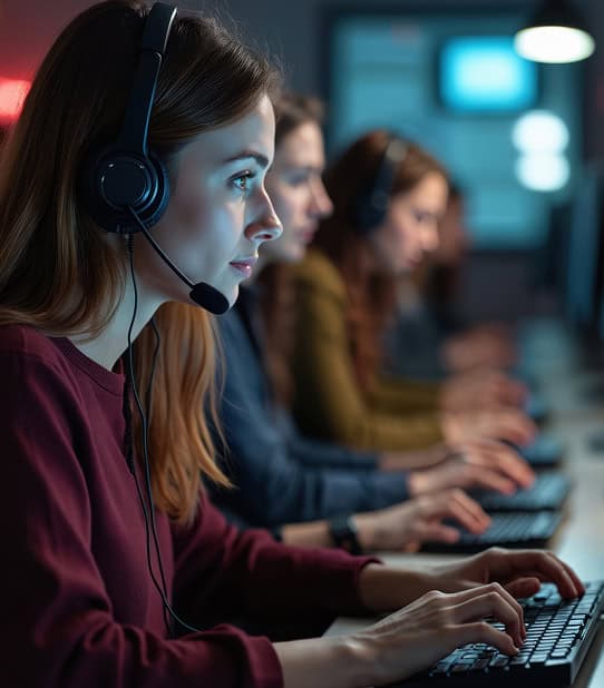 Customer support team working in a call center, providing merchant services and payment processing solutions.