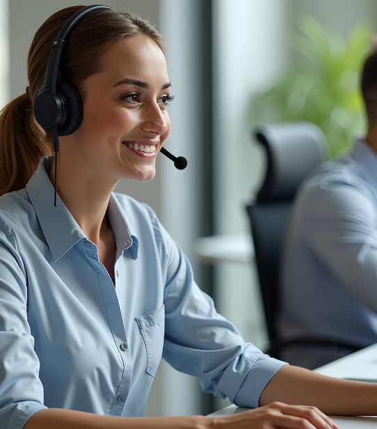 Dedicated customer support agent with headset providing payment solutions and merchant services.