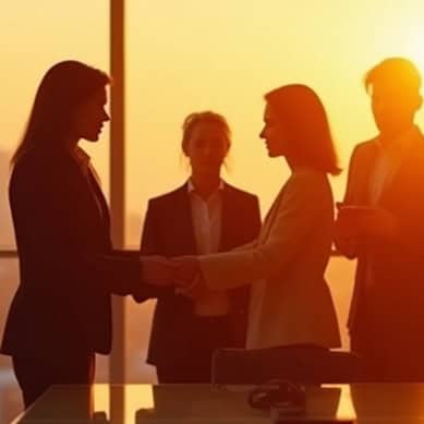 Professional business people shaking hands in a modern office setting at sunset.
