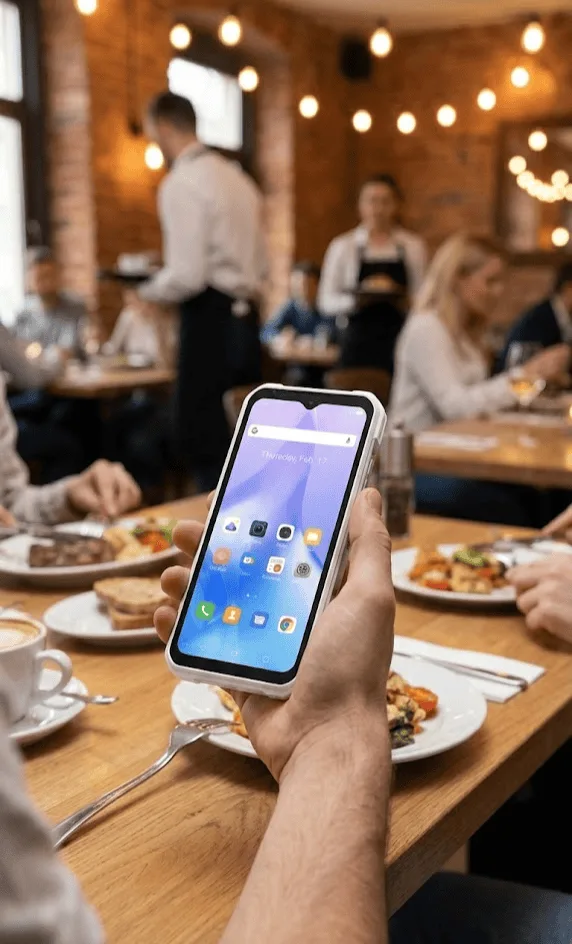 Mobile payment processing at a bustling restaurant with Host Merchant Services.