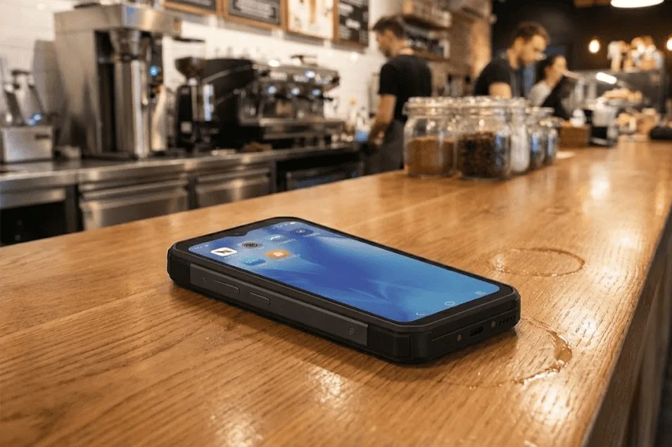 1. Mobile smartphone on a wooden bar countertop at a coffee shop for payment processing.