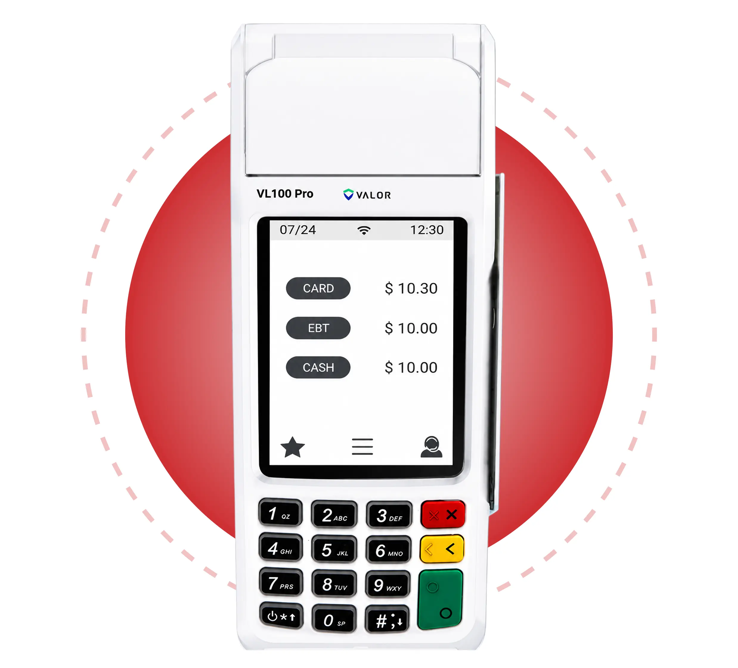 Valor VL100 Pro countertop payment terminal with touchscreen and integrated receipt printer