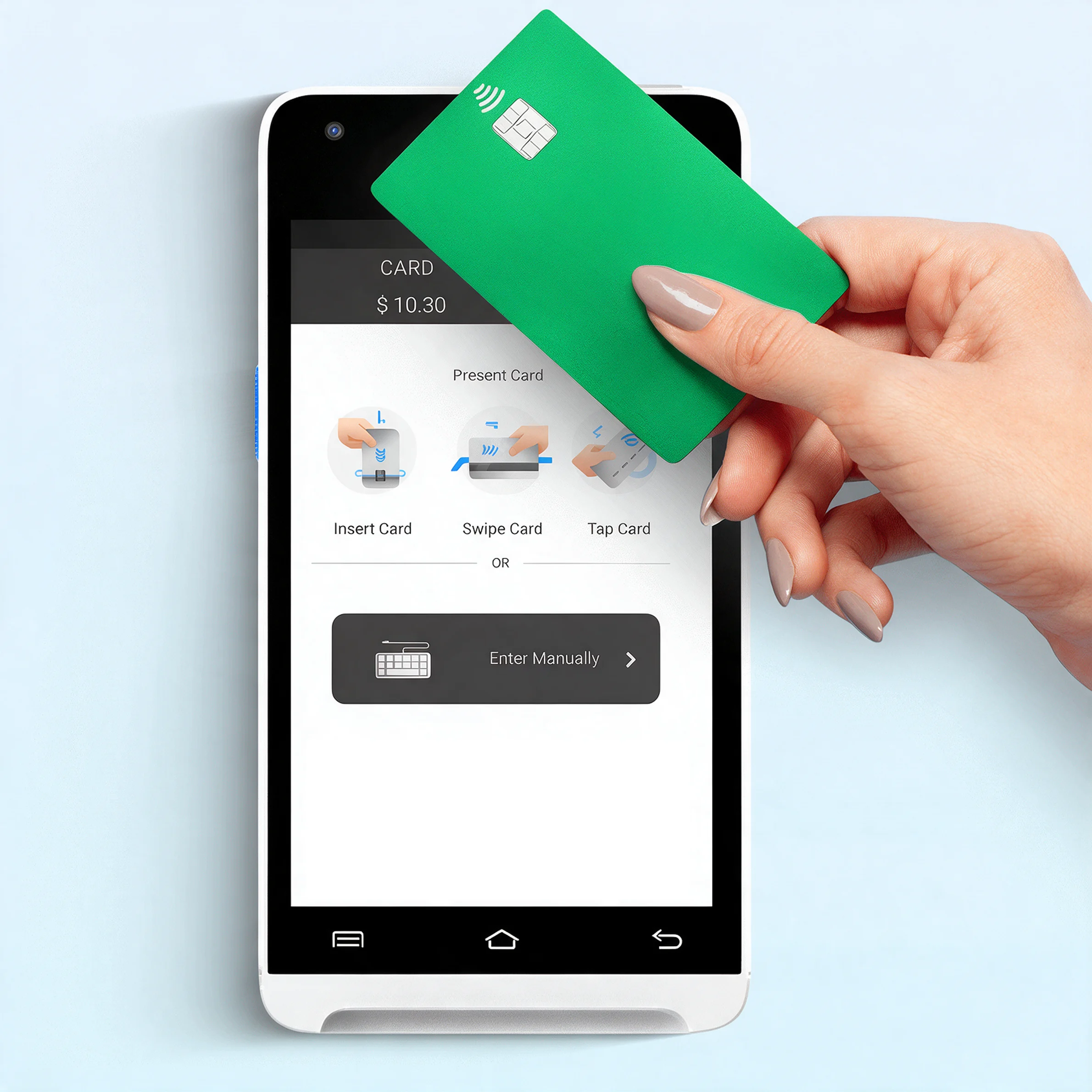 Valor VP550E POS terminal with contactless card showing tap, chip, swipe, and manual payment options