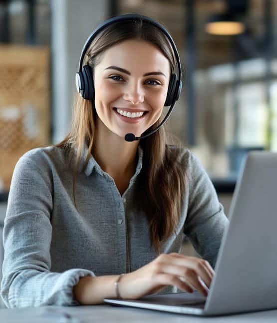 Customer support representative with headset providing payment solutions via Host Merchant Services.