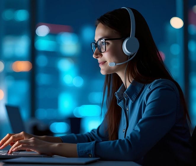 Efficient customer support representative with headset assisting clients in a modern office setting.