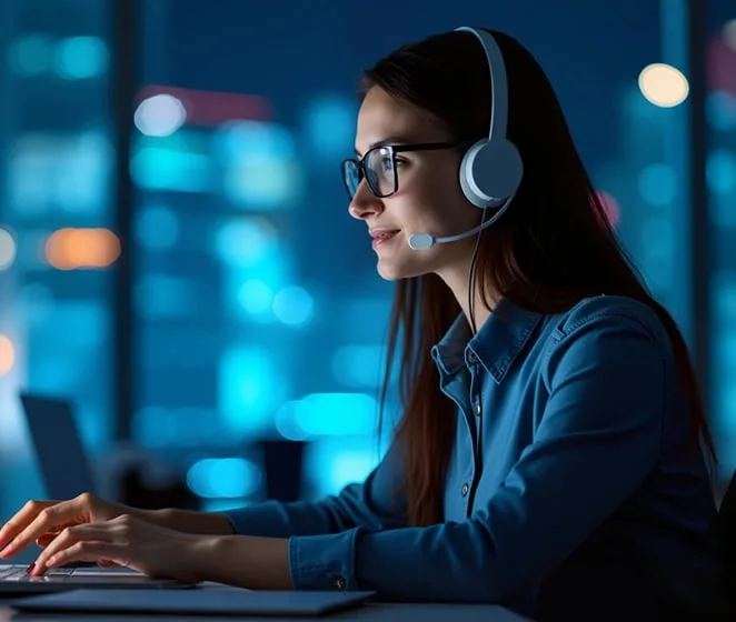 Efficient customer support representative with headset assisting clients in a modern office setting.
