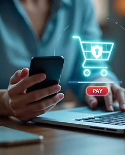 Secure mobile payment transaction with digital shopping cart icon, emphasizing seamless payment solutions.